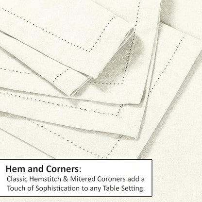 Ruvanti Premium Linen Napkins Set of 4-20x20 Inch, Classic Hemstitch, Mitered Corner Cloth Napkins ‎‎- Soft, Elegant Dinner Napkins Cloth Washable for Weddings, Parties, Everyday Use - Ivory