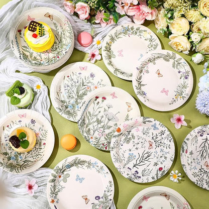 60 Pcs 7 Inch Vintage Wildflower Paper Plates Retro Flower Plant Herb Decorations Tableware Butterfly Dinnerware Decoration for Spring Summer Garden Home Picnic Decoration Supplies