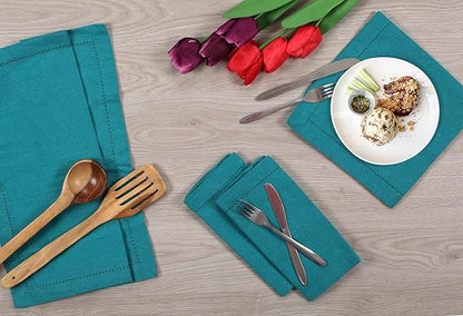 Lightnpro Cotton Dinner Napkins Set of 12, Hemstitched Dinner Cloth Napkins with Metred Corners, Washable and Reusable for Dining, Parties, Weddings, Holiday & Everyday Use - 18x18 Inch Teal