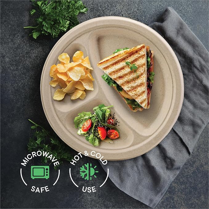 100% Compostable, 3 Compartment, Disposable Paper Plates - Image 3
