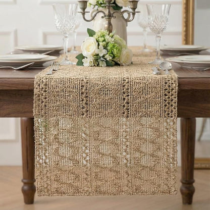Burlap Boho Table Runner Macrame Brown 90in Farmhouse Woven Runner | Burlap by Xiomot
