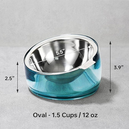 Felli Pet Oblik Acrylic Raised Dog Food Water Bowl Stainless Steel Slanted Oval Dish for Short Leg Puppy & Small Medium Pet, Elevated Tilted Metal Feeder (Sapphire, 1.5 Cups Oval Dish)