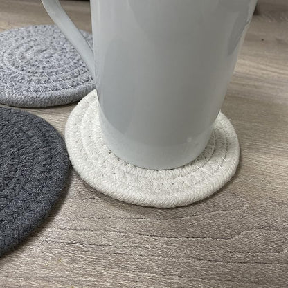 ABenkle 8 Pcs Drink Coasters with Holder, Cotton Woven Absorbent Coasters for Drinks, Minimalist Home Decor Coaster Set for Wooden Tabletop Protection Table, 4.3 inches White
