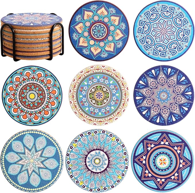 Coasters Set of 8, Colorful Cork Drinks Coasters by Puluole