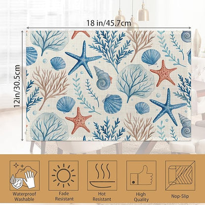 Placemats12x18 Inch,Beach Seashell Placemats,Coral Starfish Kitchen Dining Coffee Table Mats Set of 6 for Home Indoor Outdoor Party