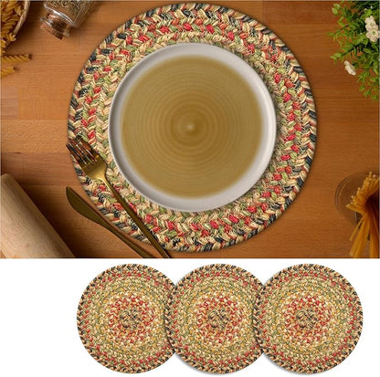 Homespice Kingston Jute Braided Trivets for Table, Warm Country Decor, Set of 3, Multicolor 8" Round Heat Resistant Mats - Rich Colors, Easy to Clean, Durable and Protects Furniture