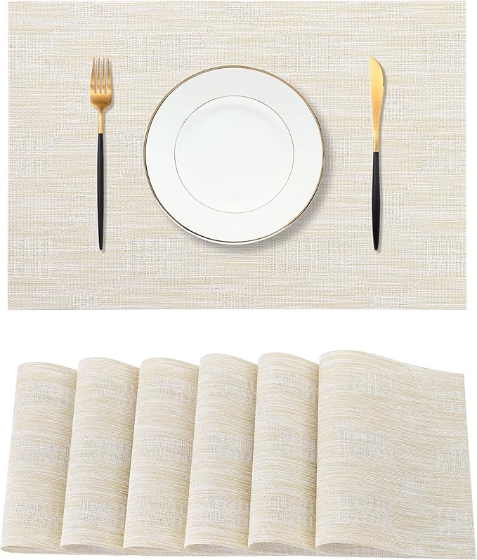 Leetaltree Wheat Placemats Set of 6 - Heat Resistant Non-Slip Place mats for Dining Table, Washable Durable PVC Vinyl Woven Table Mats（Wheat, 6）