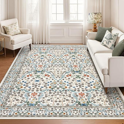 GarveeHome 8x10 Area Rugs, Washable Rugs for Living Room Non Slip Stain Resistant Ultra Soft Floral Rug, Boho Carpet Floor Mat for Bedroom Dining Room Nursery Playroom Office, Beige