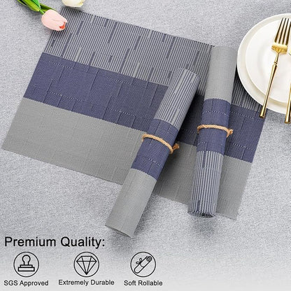 Placemats Set of 6, Vinyl Woven Place Mats Indoor Set of 6 Washable Wipeable PVC Table Mats Heat-Resistant Non Slip Plastic Placemat for Kitchen Dining Outdoor Table (Blue Gray, Set of 6)