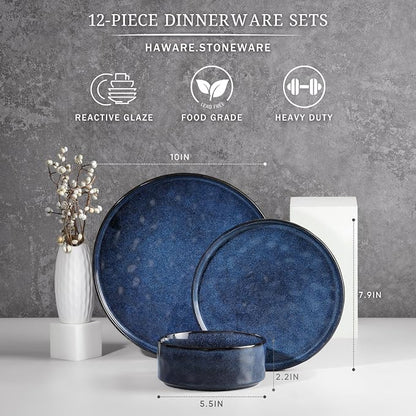 HaWare Dinnerware Sets, 12-Piece Plates and Bowls Set, Reactive Starry Blue | - Image 2