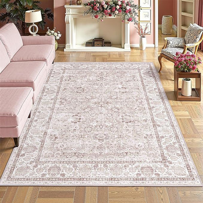 Light Pink 4x6 Rugs for Bedroom Nursery Rug Vintage Aesthetic Cute Boho Floral Washable Area Rug Indoor Carpet for Kids Room Playroom Living Room