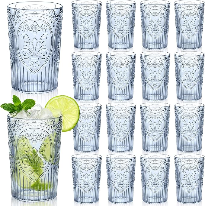 24 Pcs 16 oz Plastic Vintage Drinking Glasses Stemless Ribbed Highball Glasses by Unknown