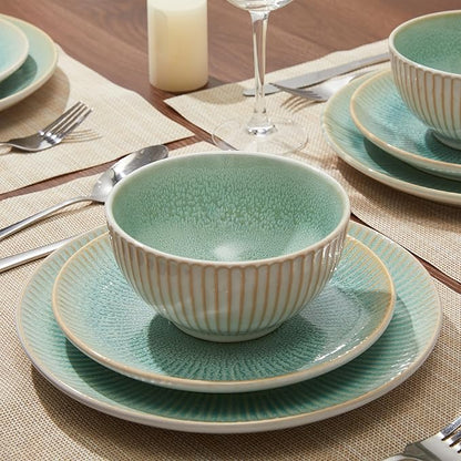 Stoneware Dinnerware Sets, Round Reactive Glaze Ceramic Plates and Bowls Set, Dishwasher & Microwave Safe Dishes Set, Distinctive Granulated Surface Service for 4 (12pc)