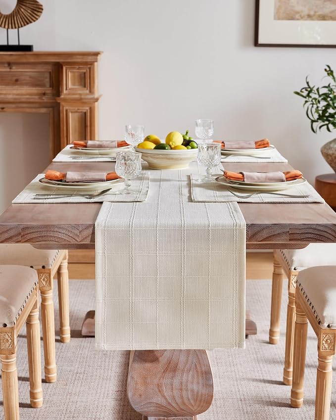 Linen Checked Farmhouse Table Runner, 13x108 Inches Ivory | Raised Grid Design - Image 2