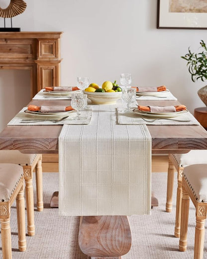 Linen Checked Farmhouse Table Runner, 13x108 Inches Ivory | Raised Grid Design - Image 2