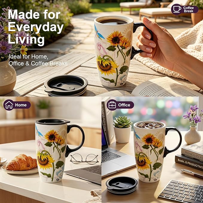Topadorn 17oz Botanical Sunflower Ceramic Travel Mug - Image 6