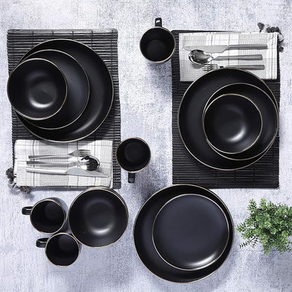 Gibson Home Rockaway 16-Piece Round Stoneware Dinnerware Set, Service for 4 – Black with Gold Rim Plates and Bowls, Microwave & Dishwasher Safe