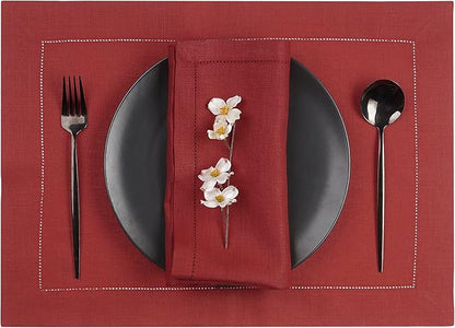 D'Moksha Homes Red Linen Placemats Set of 4 - Classic Hemstitch Placemats 14 x 19 Inch - 100% Pure Linen Table Mats for Valentines, Spring - Handcrafted and Machine Washable