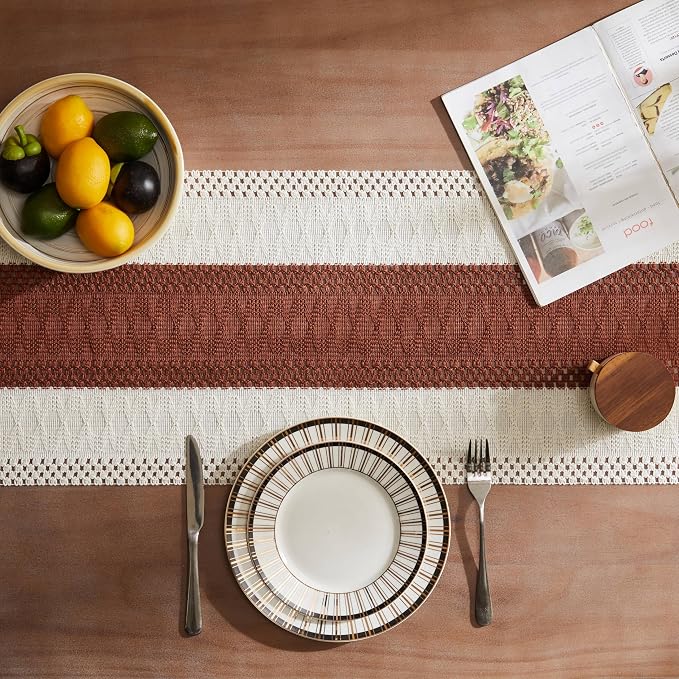 Macrame Style Bicolor Stitching Table Runner 14x60in Terracota | Woven Boho - Image 4
