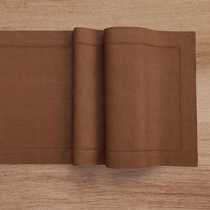 Solino Home 100% Pure Linen Dining Table Runner Brown Hemstitch, 14 x 72 in | - Image 3