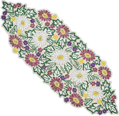 Spring Floral Beaded Table Runner, 13x36 | Glass beads, polyester backing by CLEENTABLE
