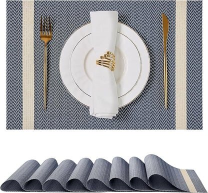 Leetaltree Luxury Dark Blue Placemats with Gold Stripes Placemats Set of 8 - Waterproof Washable for Wedding, Anniversary, Daily Use - Sparkling Table Decor - Hand-Cut