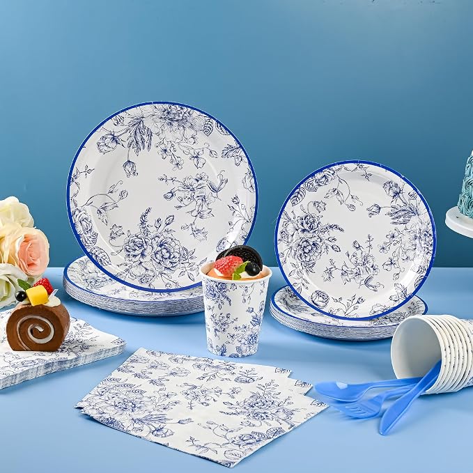 175Pcs Blue Floral Paper Plates and Napkins 25 Guests Blue Toile Chinoiserie - Image 7