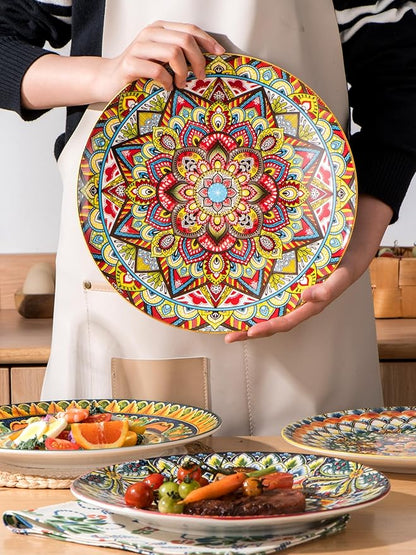 Henten Home Dinner Plates Set of 6, 10.5 Inch Porcelain Plate, Colorful Bohemian Serving Dishes for Kitchen, Pasta, Salad, Decorative, Microwave & Dishwasher Safe