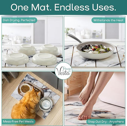 Stone Drying Mat For Kitchen Counter, Diatomaceous Stone Dish Drying Mat For Kitchen - Quick Drying Dish Mat - Water Absorbing Stone Tray, Foldable, Eco-Friendly, White Marble Color (23.5 x 15.4")
