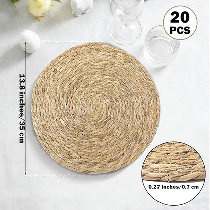 Elcoho 20 Pieces Round Woven Placemats 13.8 Inch Boho Rattan Placemats Farmhouse Braided Place Mats Woven Plate Chargers Rustic Wicker Table Mats for Dining Table