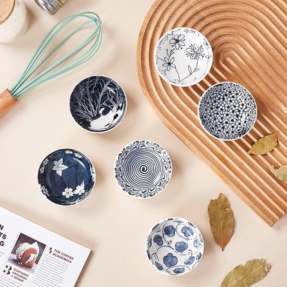 Japanese Style Ceramic Dipping Bowls,3'' Small Pinch Bowls Set Side Sauce Cups,Dishes for Sushi,Snack and Soy,BBQ,2.5 Oz Blue and White Mini Bowl for Kitchen Prep - Set of 6 (3 inch)