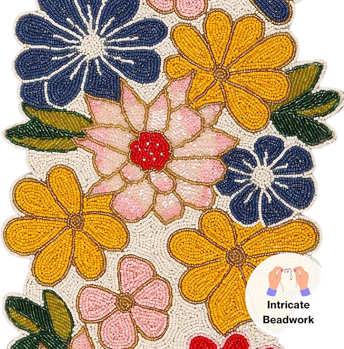 Yellow Red Beaded Table Runner, 13 x 36 | 85% glass beads, 15% polyester backing - Image 5