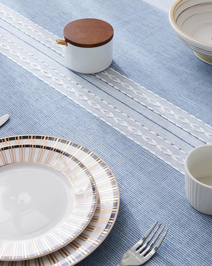 ZeeMart Contrast Linen Round Tablecloth 52 Inch Mid-Stripe Blue, Farmhouse Style Round Table Cloth Heavy Weight Dusty Blue Tablecloths, Water Resistant Burlap Table Cloths