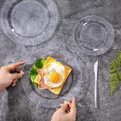 U-QE 60PCS Clear Plastic Plates - Fancy Beaded Plates Disposable Heavy Duty - Premium Hard Plastic Plate for Party, Wedding & Birthday Including 30 Dinner10 & 30 Dessert Plate 7"