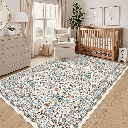 GarveeHome Floral Area Rugs 5x7, Washable Rug for Living Room, Bedroom, Low Pile Non Slip Stain Resistance Indoor Boho Carpet Mat for Farmhouse, Dining Room, Office, Beige