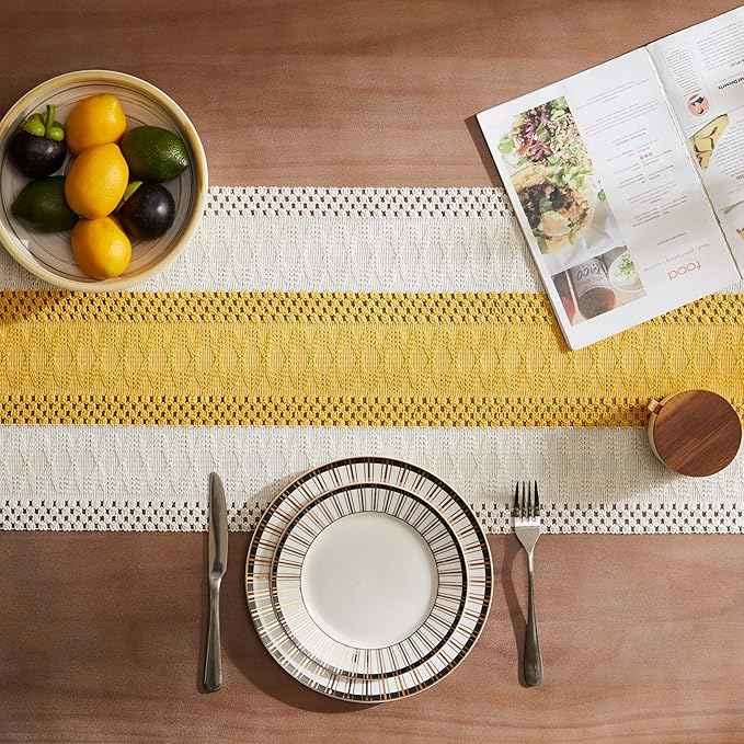 Macrame Style Bicolor Stitching Table Runner 14x36in Mustard | Woven Boho Table - Image 4
