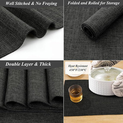 SHACOS Washable Woven Fabric Placemats Set of 6 Heat Resistant Place Mats Non Slip Thick Cloth Placemats Reversible Table Mats Indoor Outdoor Home Wedding Table Decor, Black