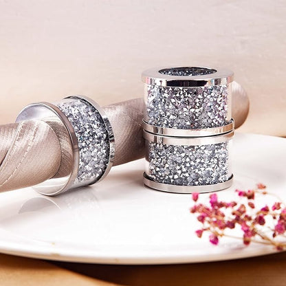 SHYFOY Silver Diamond Napkin Ring Glass Framed, Crystal Dinning Cloth Rings Set of 4 Piece, Glam Serviette Buckle Cloth Holder Sparkle Bling Crushed Diamond Table Decor Accessories