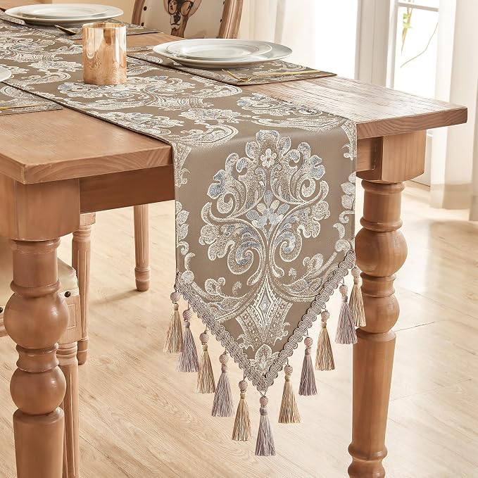 Loom and Mill Damask Floral Table Runner 90 Inches Long, Light Coffee | Luxury - Image 6