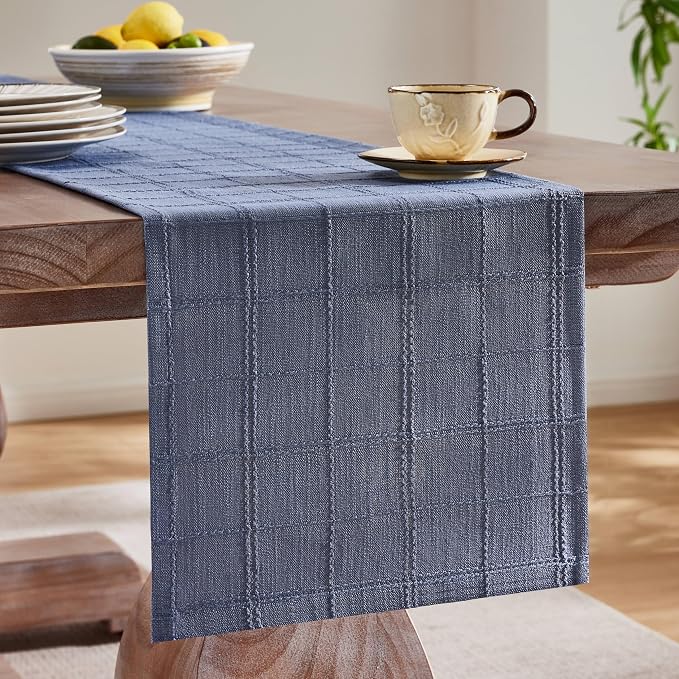 Linen Checked Farmhouse Table Runner, 13x108 Inches Blue | Raised Grid Design - Image 4