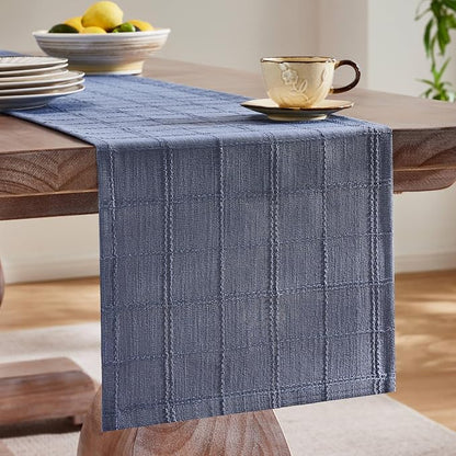 Linen Checked Farmhouse Table Runner, 13x60 Inches Blue | Raised Grid Design - Image 4