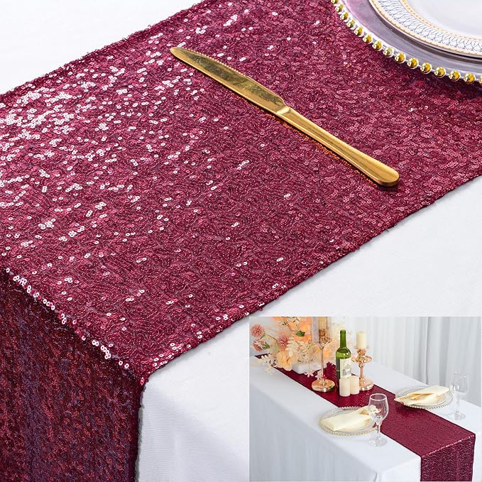 ShinyBeauty Sequin Table Runner Burgundy 12 by 108 Inch Wine Sparkle Sequence - Image 4