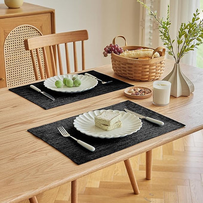 Softalker Faux Linen Placemats Set of 4-12 x 18 Inch, Heat Resistant Double Layered Durable Burlap Farmhouse Place Mats, Non-Slip Washable Rustic Table Mats for Dining, Kitchen, Party（Black
