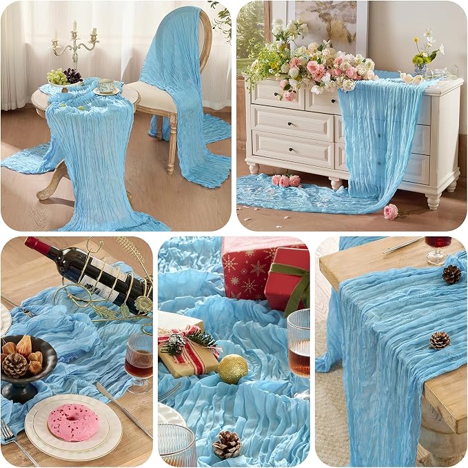 6 Pack Light Blue Cheesecloth Table Runner Boho Gauze Home Decor | 120 Inch - Image 8