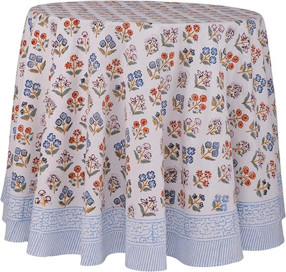 ATOSII Flora Bloom 100% Cotton Fall Round Tablecloth, Handblock Print Floral Table Cloth for Kitchen Dining Linen I Thanksgiving, Christmas, Weddings, Outdoors, Parties I 72" Inches Diameter