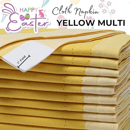 Bedding Craft Cotton Cloth Napkins Set of 12 – 20x20 Yellow Multi Double Hemstitched – Machine Washable Fabric Dinner Napkins for Weddings, Parties & Table Settings