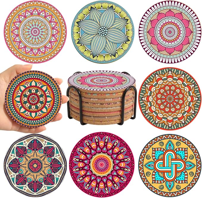 Cork Coasters Set of 8 with Holder, Colorful Cup Coaster by Puluole