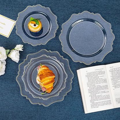COLOSUS 100pcs Clear and Gold Plastic Plates Disposable Heavy duty Plastic Party Plates set Include 50 dinner plate and 50 dessert/salad plate for party/wedding