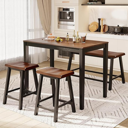 PHI VILLA Kitchen Table with Bench and Chairs, Counter Height Table and Chairs, Solid Wood Small Dining Table Set for 4, High Top Kitchen Table Chairs Set of 4, Walnut with Black