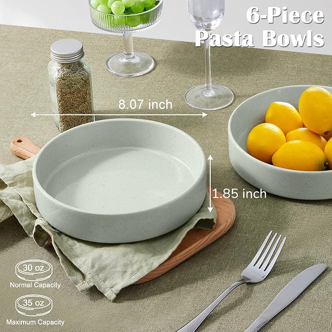 E-far Pasta Bowls Set of 6, 35 oz Large Stoneware Bowl Plates | Shallow & Wide - Image 2